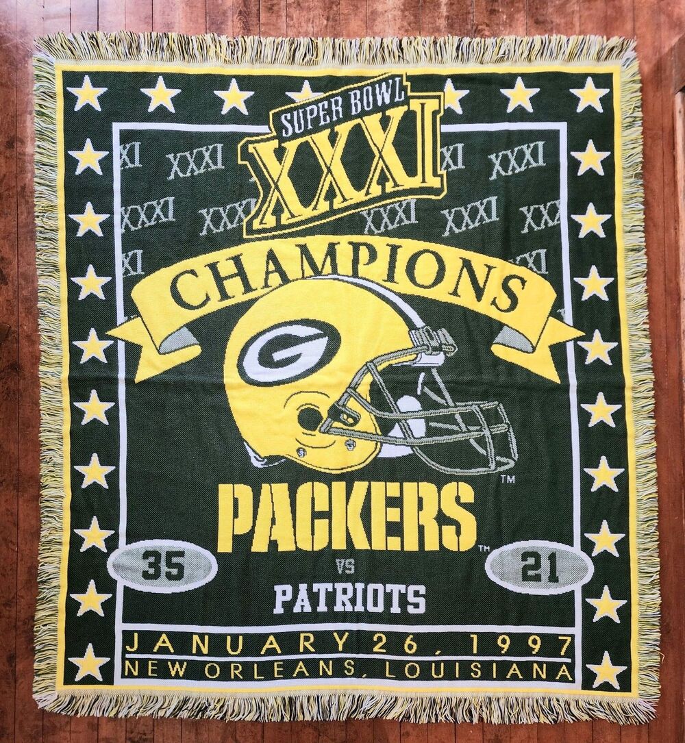 Vintage Green Bay Packers 1997 Super Bowl Tapestry Woven Throw Blanket 52 X 57